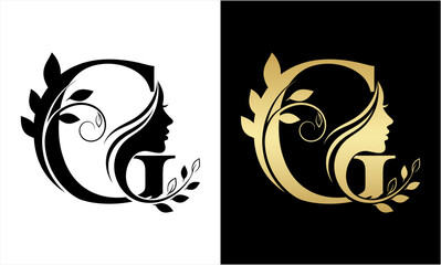 Obraz premium Elegant Letter G Logo with Womans Profile and Floral Accents.