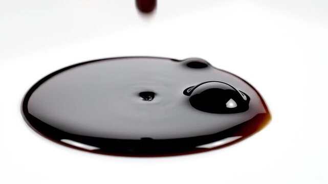 Shiny dark liquid drops on a clean white surface