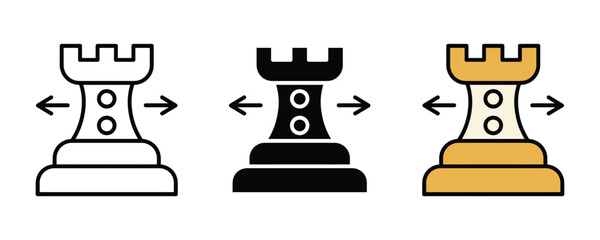 Chess rook piece icon set. Strategy game symbol with horizontal movement arrows for logical planning, competition, and tactical decision design. Vector Illustration. © Jakiya Graphics