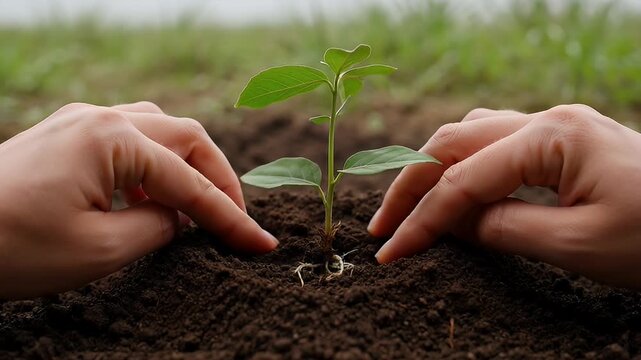 Hands carefully placing a small green plant seedling into the dark brown soil