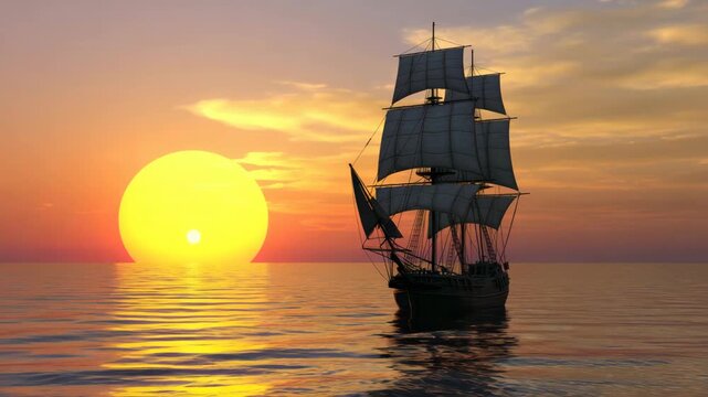 Sailing ship in serene ocean landscape with warm golden sunset lighting for travel brochure
