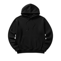 Black hoodie with drawstrings and pocket on a white background