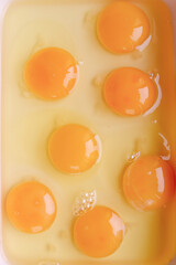 Fresh raw eggs with visible yolks on light background