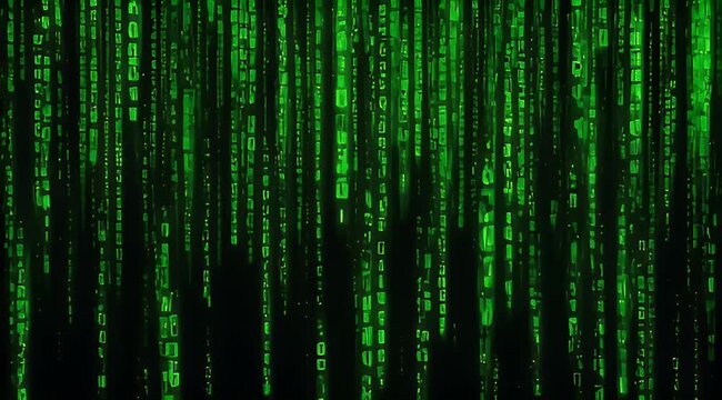 Digital rain with green binary code flowing down a dark background
