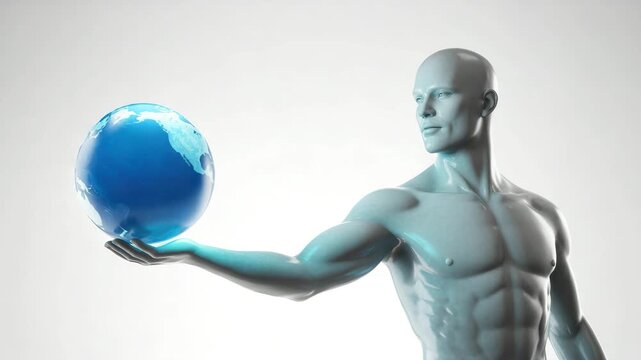 Mannequin holding blue globe in outstretched hand with soft studio lighting on white background for global awareness