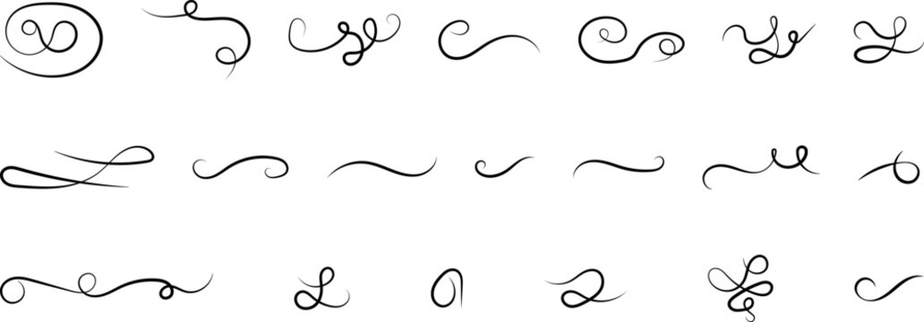 Vintage swirl ornament flourishes set. Decorative calligraphic curls and dividers line style. filigree flourishes script cursive swirls, ornament flourish corner decorative elements collection