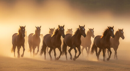 Fototapeta premium Foggy Valley Sunrise with Wild Horses Running Through Mist Freedom Spirit