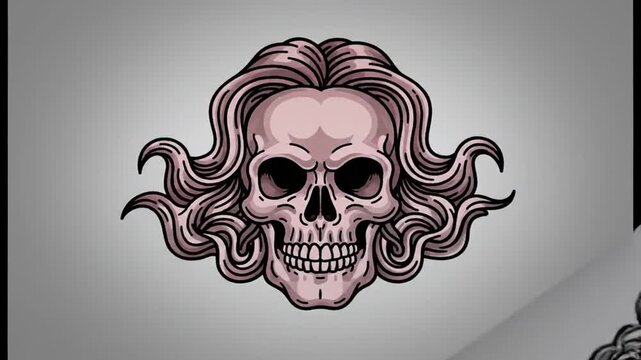 Stylized human skull with wavy hair illustration in grayscale