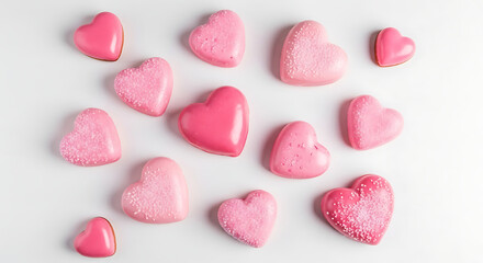 Fototapeta premium Pink Heart Shaped Sugar Cookies with Icing and Sprinkles on White Background, Top View