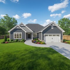A serene suburban house with a gray exterior and white trim, featuring a garage and a well-manicured lawn under a blue sky.