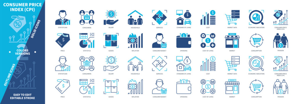 Consumer Price Index CPI icon set. Statistics, Market Data, Household, Inflation, Spending, Cost, Salary, Pension. Duotone color solid and editable outline icons