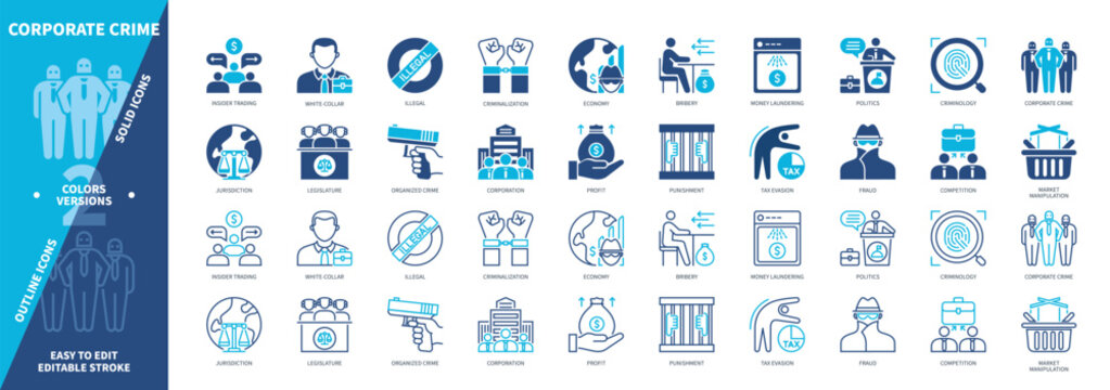 Corporate Crime icon set. Insider Trading, Economy, Fraud, Bribery, Law, Profit, Competition, Tax Evasion. Duotone color solid and editable outline icons