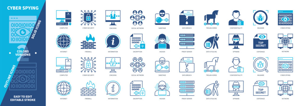 Cyber Spying icon set. Proxy Server, Cracking, Network, Espionage, Firewall, Trojan Horse, Confidentiality, Internet. Duotone color solid and editable outline icons