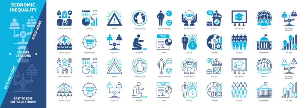 Economic Inequality icon set. Social Issue, Poverty, Income, Consumption, Politics, Social Policy, Wealth, Social Benefits. Duotone color solid and editable outline icons