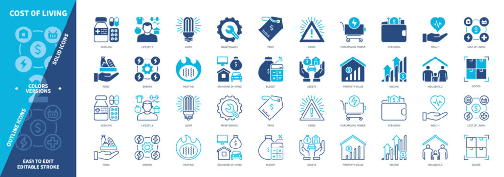 Cost of Living icon set. Food, Health, Maintenance, Income, Spending, Energy, Household, Income. Duotone color solid and editable outline icons