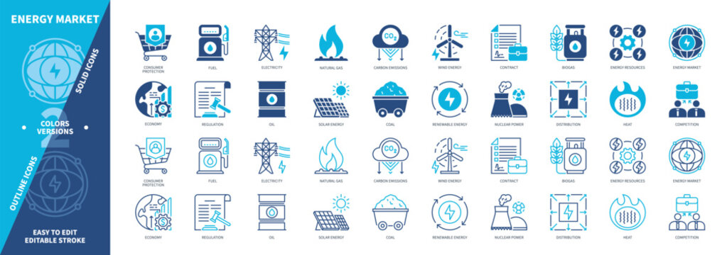 Energy Market icon set. Oil , Carbon Emissions, Natural Gas, Wind Energy, Heat, Fuel, Contract, Biogas. Duotone color solid and editable outline icons