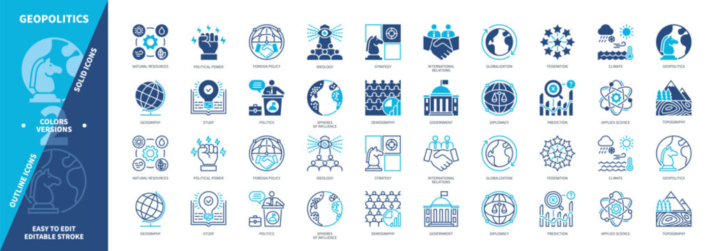 Geopolitics icon set. Topography, Climate, Diplomacy, Foreign Policy, Prediction, Study, Federation, Demography. Duotone color solid and editable outline icons