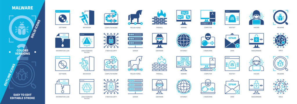 Malware icon set. Computer Worm, Backdoor, Virus, Computer, Spam, Cybercrime, Ransomware, Software. Duotone color solid and editable outline icons