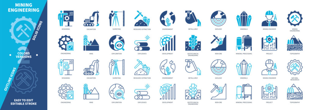 Mining Engineering icon set. Surveying, Metallurgy, Engineering, Exploration, Mine, Mineral Processing, Iron Ore, Explosives. Duotone color solid and editable outline icons