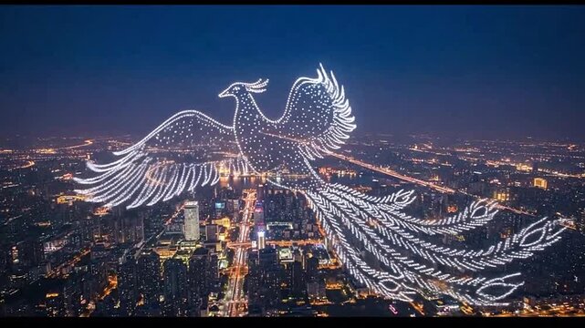 Glowing phoenix drone light show over city at night