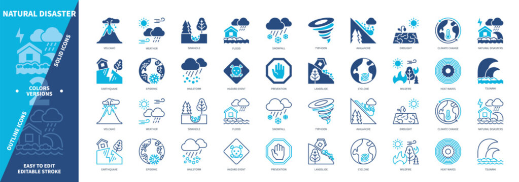 Natural Disaster icon set. Hailstorm, Typhoon, Landslide, Volcano, Avalanche, Epedemic, Tsunami, Earthquake. Duotone color solid and editable outline icons