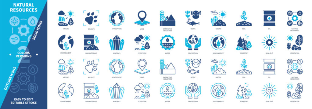 Natural Resources icon set. Abiotic, Minerals, Biotic, Extractive Industry, Vegetation, Nature, Raw Materials, Wildlife. Duotone color solid and editable outline icons
