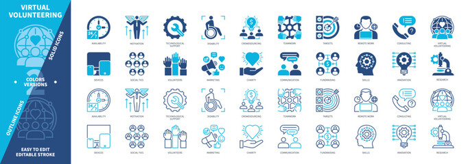 Virtual Volunteering icon set. Availability, Disability, Charity, Remote Work, Innovation, Consulting, Teamwork, Targets. Duotone color solid and editable outline icons