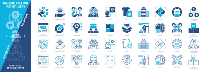 Unique Selling Point USP icon set. Advertisement, Innovation, Vision, Attraction, Brand, Competition, Sales, Success. Duotone color solid and editable outline icons © Genestro