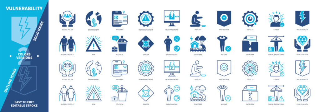 Vulnerability icon set. Phishing, Weak Password, Social Engineering, Protection, Data Leak, Disadvantage, Public Health, Elderly People. Duotone color solid and editable outline icons