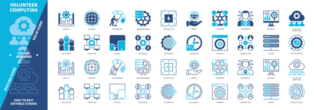Volunteer Computing icon set. Server, Resources, Processing, Technology, Project, Performance, Teamwork, Benefit. Duotone color solid and editable outline icons