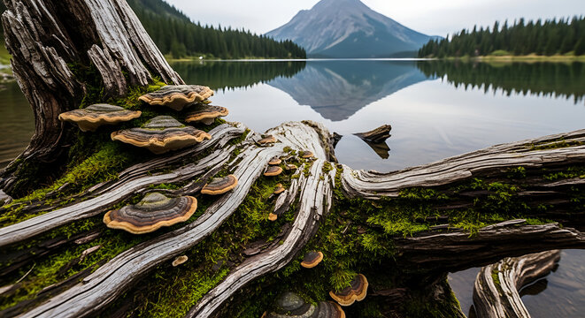 Alpine Lake Reflection with Fallen Log Foreground Textured Wood Moss Nature Detail