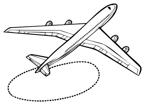 Illustration of a four-engine jet airliner flying in a circle, isolated graphic