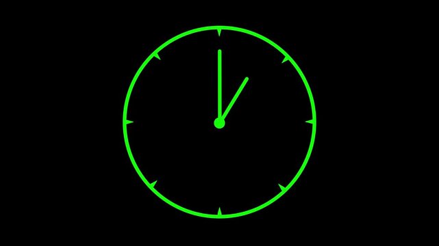 A simple green clock face displaying approximately ten minutes past the hour.