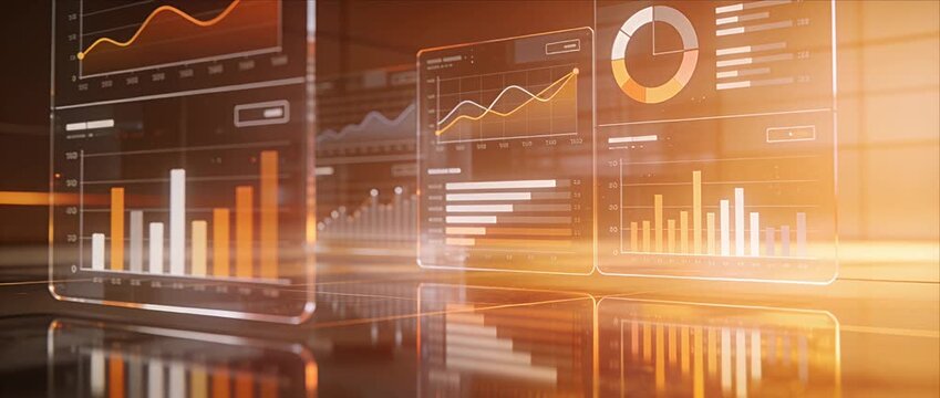 Futuristic data analytics dashboard chart and graph statistics technology finance business report with digital interface orange glow data visualization bar chart line graph modern analysis