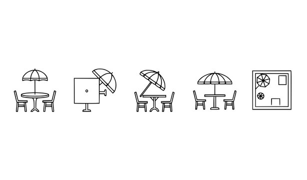 Vintage Terrace Table with Umbrella Line Icon Set &ndash; Outdoor Cafe Monoline Vector Symbols Collection