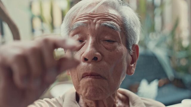 Slow motion shot of a gray-haired elderly man holding pills in his outstretched hand, symbolizing longevity, healthy aging, and reliance on medicine and supplements, with a focus shift from background