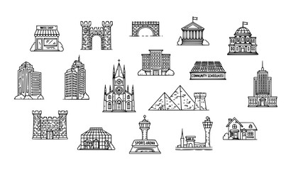 Fototapeta premium Vintage Architectural Line Icons Collection – City Buildings and Landmark Vector Symbols Set