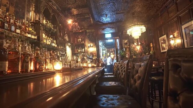 A cozy, dimly lit bar interior with numerous bottles of spirits and elegant