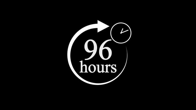 96 Hours Countdown Timer Animation. Stopwatch Clock icon with 96 Hour&rsquo;s Time Management on Black Background. 4k video.