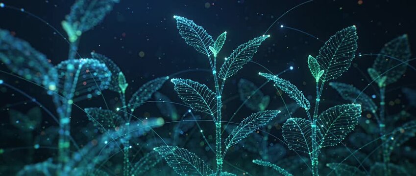 Digital plant growth future technology farm innovation data network ecology abstract green environment cyber garden glowing leaf nature concept art modern agriculture smooth creation video style