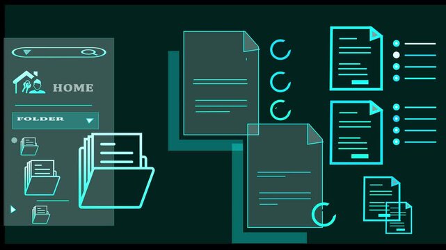 4K Neon Digital Document Management and Folder Organization Animation, Glowing Cloud Storage and File Security Icon Set Loop