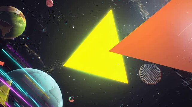 Abstract geometric shapes floating in outer space with planets
