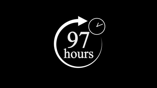 97 Hours Countdown Timer Animation. Stopwatch Clock icon with 97 Hour&rsquo;s Time Management on Black Background. 4k video.