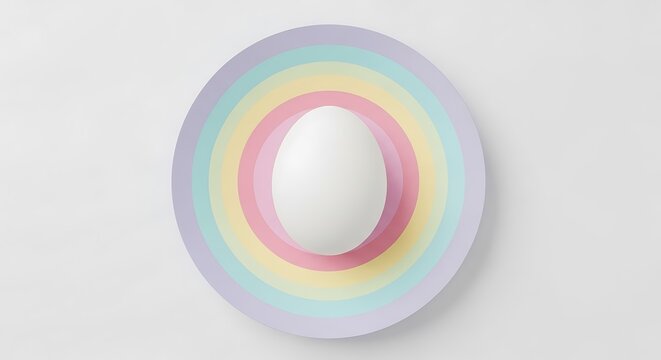 A single white egg rests on a colorful pastel rainbow plate.