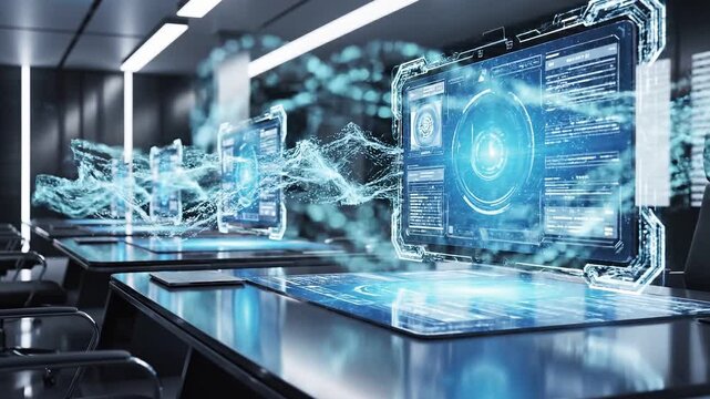 AI learning tools virtual classroom concepts. Advanced Futuristic Virtual Classroom Education Innovation with AI Learning Tool Technology Showing Holographic Displays For Digital Student Training