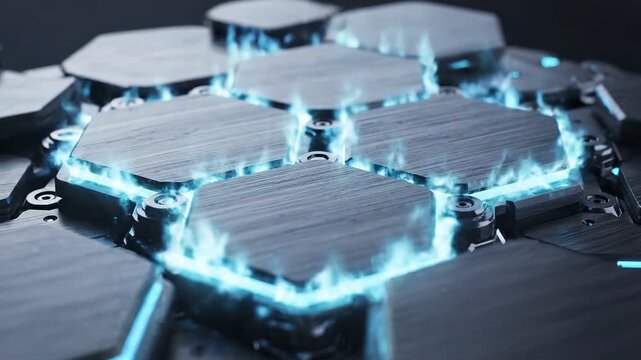 AI learning tools virtual classroom concepts. Futuristic AI Learning Tools Power Virtual Classroom Growth Using Blue Hexagon Metal Plates With Fire Flame Energy For Modern Digital Innovation Concepts