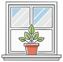 Cartoon Window with Potted Plant