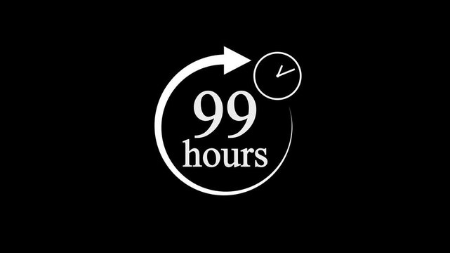 99 Hours Countdown Timer Animation. Stopwatch Clock icon with 99 Hour&rsquo;s Time Management on Black Background. 4k video.