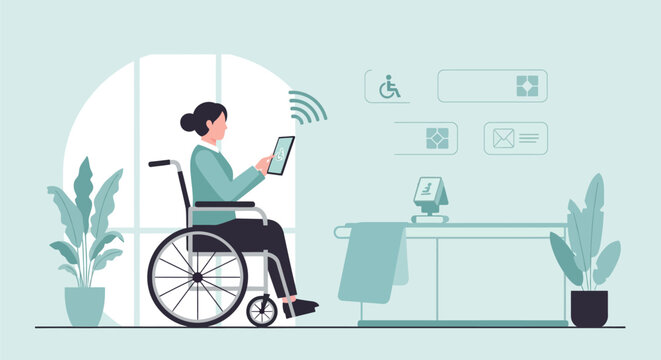 Disabled Woman in Wheelchair Using Tablet for Smart Home Control and Digital Accessibility. Flat Illustration of Assisted Living Technology.