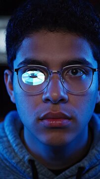 AI learning tools virtual classroom concepts. Focused Student Using AI Learning Tools In Virtual Classroom With Intense Concentration Education Technology Futuristic Screen Reflection During Digital